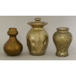 Three Elton 'Sunflower' pottery crackled glaze vessels,a vase and cover, with a dimpled body, chip