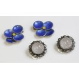 A pair of blue and yellow enamel flower head earrings,attributed to Bernard Instone, clip fitting