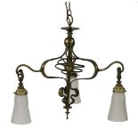 An Arts and Crafts brass three-branch hanging light,with three mottled later glass shades,50cm