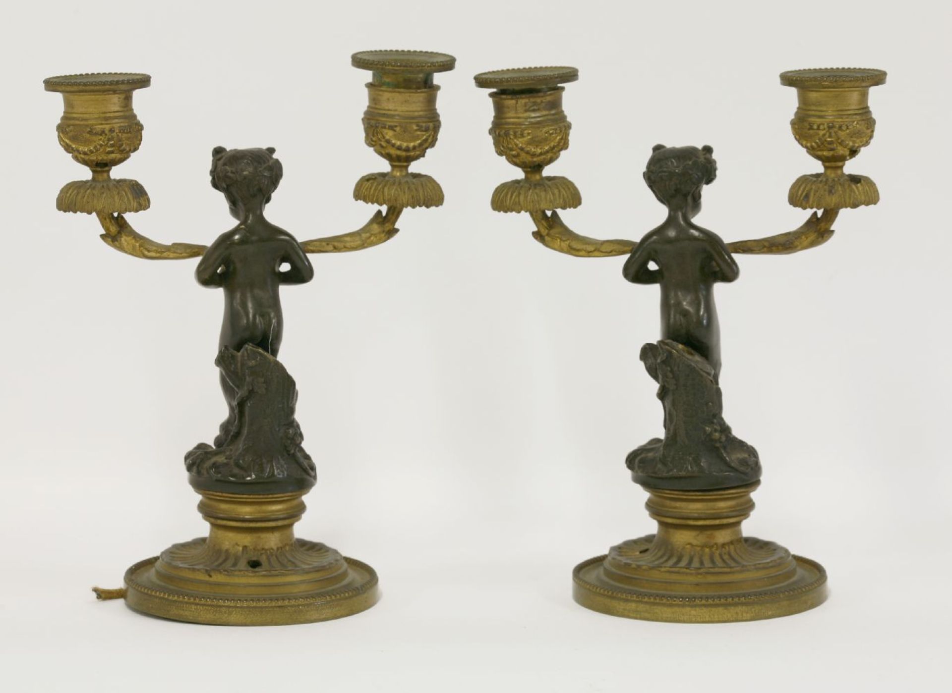 A pair of bronze ormolu twin branch candelabra,19th century, the sconces decorated with swags and - Bild 2 aus 2