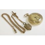 An 18ct gold key wound open-faced pocket watch,50mm diameter, three colour gold chased dial, with
