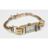 A ladies' 18ct gold, synthetic sapphire and diamond mechanical cocktail watch, c.1930, with a