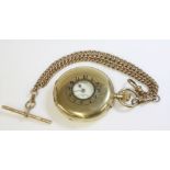 A 9ct gold top wind half hunter pocket watch,by J W Benson, London, suspended on a 9ct gold,