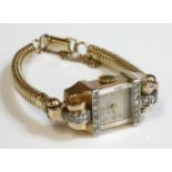 A ladies' three colour gold diamond set cocktail watch, c.1940,a square silvered dial with gilt