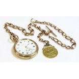 A rolled gold Waltham open-faced pocket watch,with a white enamel dial, black Roman numerals, rolled