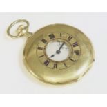 An 18ct gold slimline half hunter pocket watch,46mm diameter, blue enamel chapter ring to the