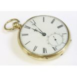 An 18ct gold open-faced, key wound pocket watch,47mm diameter, white enamel dial, black Roman