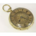 An 18ct gold key wound open-faced pocket watch,40mm diameter, with a chased gold dial, black Roman