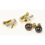 A pair of 18ct gold diamond set hinged ear cuffs, together with a pair of cultured pearl stud