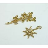 A late Victorian split pearl spray brooch, marked 18c, and a late Victorian split pearl star burst