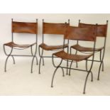 A set of four wrought iron and leather upholstered dining chairs, with high backs