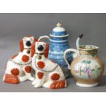 A blue and white cream ware coffee pot and cover, 27cm, a pair of Staffordshire dogs, and a Masons