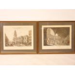 A matched pair of etchings, hand coloured, depicting 18th century street scenes, framed and glazed