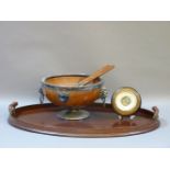 An Edwardian mahogany drinks tray, with zoomorphic handles, and a silver plate mounted oak salad