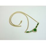 A gold and diamond set heart necklace, with a damaged green stone, centre marked 750, 7.9g