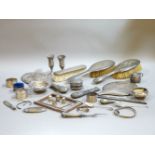 Various silver items, including three napkin rings, folding fruit knife, four thimbles, scrap silver