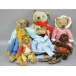 Five large teddy bears, a Bing plush mohair acrobat teddy, labelled button to the arm 'BW',