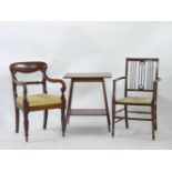 A William IV mahogany desk chair, an Edwardian strung mahogany elbow chair, and an Edwardian