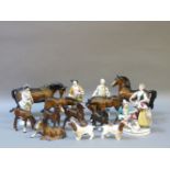 Two Beswick horses and seven foals, two Beswick spaniels, a pair of Continental figures of two