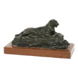 After Antoine-Louis Barye, a lioness with her kill, bronze, on rouge marble base, chipped, 21cm