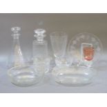 A quantity of Edwardian etched glassware, to include glass plates, decanters, rinsers, etc