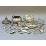 Silver items, to include a powder compact, ashtray, ring box, toast rack, silver teaspoons, desk