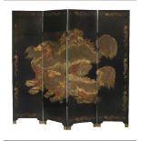 A four fold screen, circa 1900, low relief carved with Buddhist lions, the border with dragons,