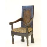 An oak hall chair, carved 1566 CB, and a side chair
