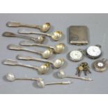 Three pairs of Georgian silver fiddle pattern cruet spoons, another, a vesta case, three ladies