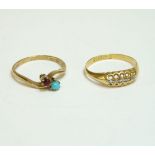 An 18ct gold five stone diamond boat shaped ring, Birmingham 1916, finger size N½, and a 9ct gold