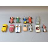 Two boxes containing twelve Dinky racing cars, including Ferrari, Alfa-Romeo, Maserati, etc, no