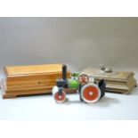 A Mamod live steam road roller, an inlaid humidor style box, and a carved jewellery box