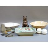 A small collection of Chinese porcelain, an archer's ring, cash, and a Japanese temple lion