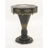 A Victorian ebonised part trumpet worktable, with mother of pearl and gilt decoration, containing