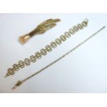 A 9ct gold bark textured oval link bracelet, a 9ct gold three colour bracelet, broken, and a gold