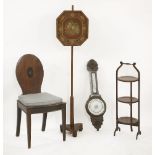 A George III mahogany hall chair, a pole screen, a folding cake stand, and an aneroid barometer