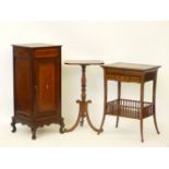 An Edwardian inlaid writing table, 50cm wide, a tripod table, 40.5cm side, and a bedside cabinet,