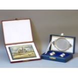 Russian silver vodka cups and tray, in fitted presentation case, a Russian lacquer and mother of