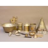 A quantity of metalwares, including two silver topped cut glass bottles, an Indian white metal bowl,