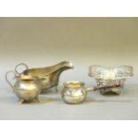 Assorted silver items, to include a gravy boat, bon bon dish, cream jug, and brandy warmer