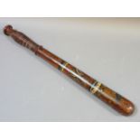 A Victorian hardwood truncheon, by McNaughton, Glasgow, painted with crown and VR?, 45cm long