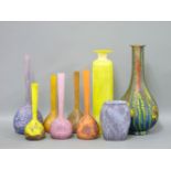Six 20th century Continental mottled glass vases, various colours, tallest 32cm, a moulded vase with