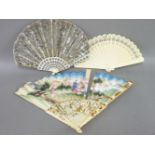 A Spanish fan, in bone and lace, 20cm, and two further fans, two boxed