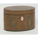 A George III burr walnut oval single compartment tea caddy, with three oval inlaid panels, each