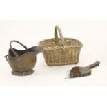 A copper coal scuttle, a spark guard, log basket, bellows, and an oval copper jardinière, 
with