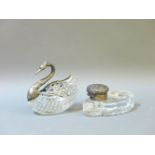 A silver mounted and cut glass swan with hinged wings, and a silver mounted and cut glass inkwell