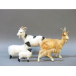 Two Beswick goats and a kid, together with a sheep and a lamb