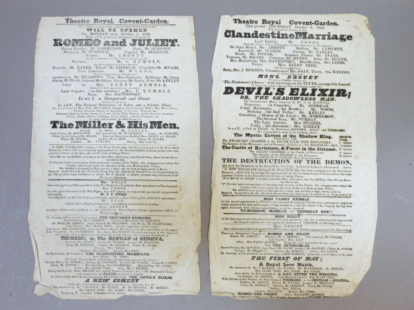 Theatre Royal, Covent Garden, two theatre bills, 'Romeo and Juliet', 5 October 1829, and '