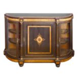 A Victorian ebonised and burr walnut inlaid credenza, with gilt mounts, centred with a cupboard