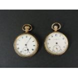 A 9ct gold open faced pocket watch, damaged, and a rolled gold open faced pocket watch